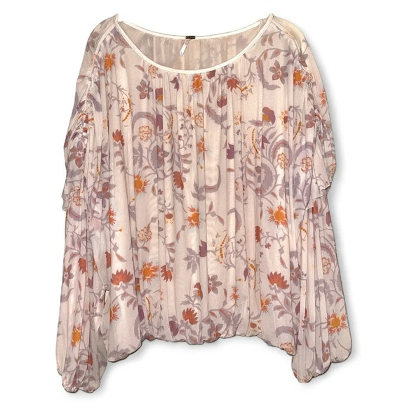 Free People Tops - NEW Free People Boho Dusty Pink Floral Long Sheer Sleeve Pull Over Peasant top L